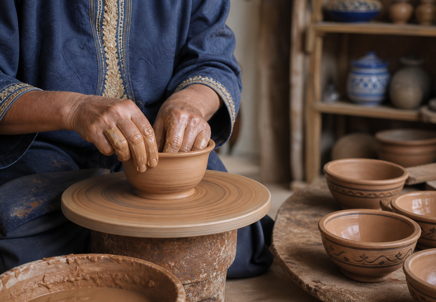 Artisan marocain façonnant un bol en argile sur un tour de potier