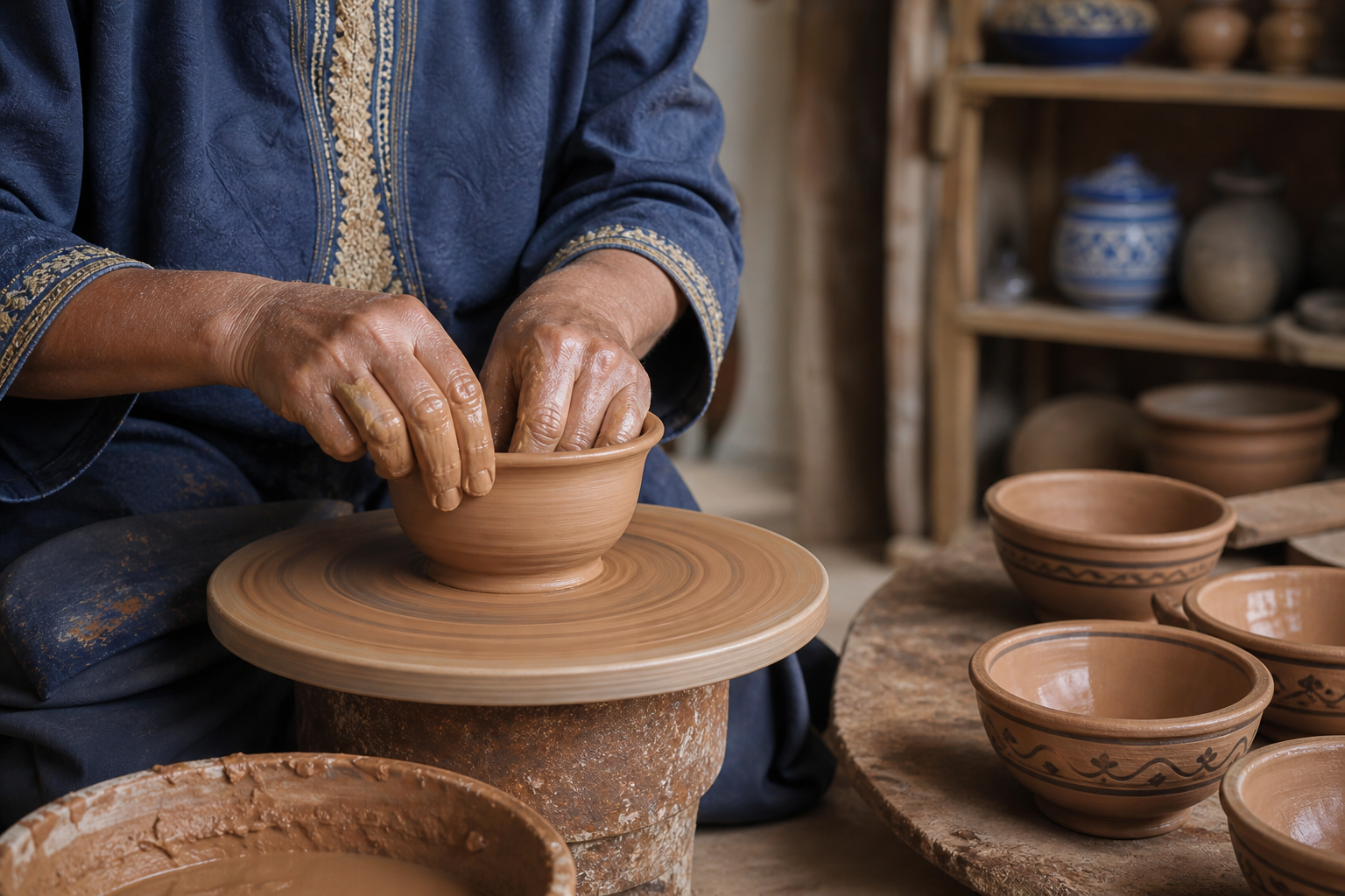Artisan marocain façonnant un bol en argile sur un tour de potier