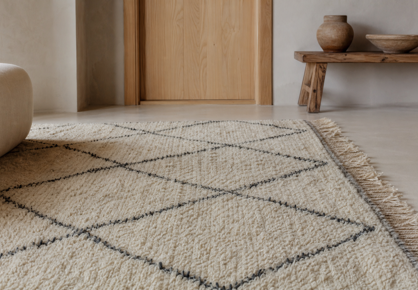Tapis berbère en laine écrue à motifs géométriques noirs
