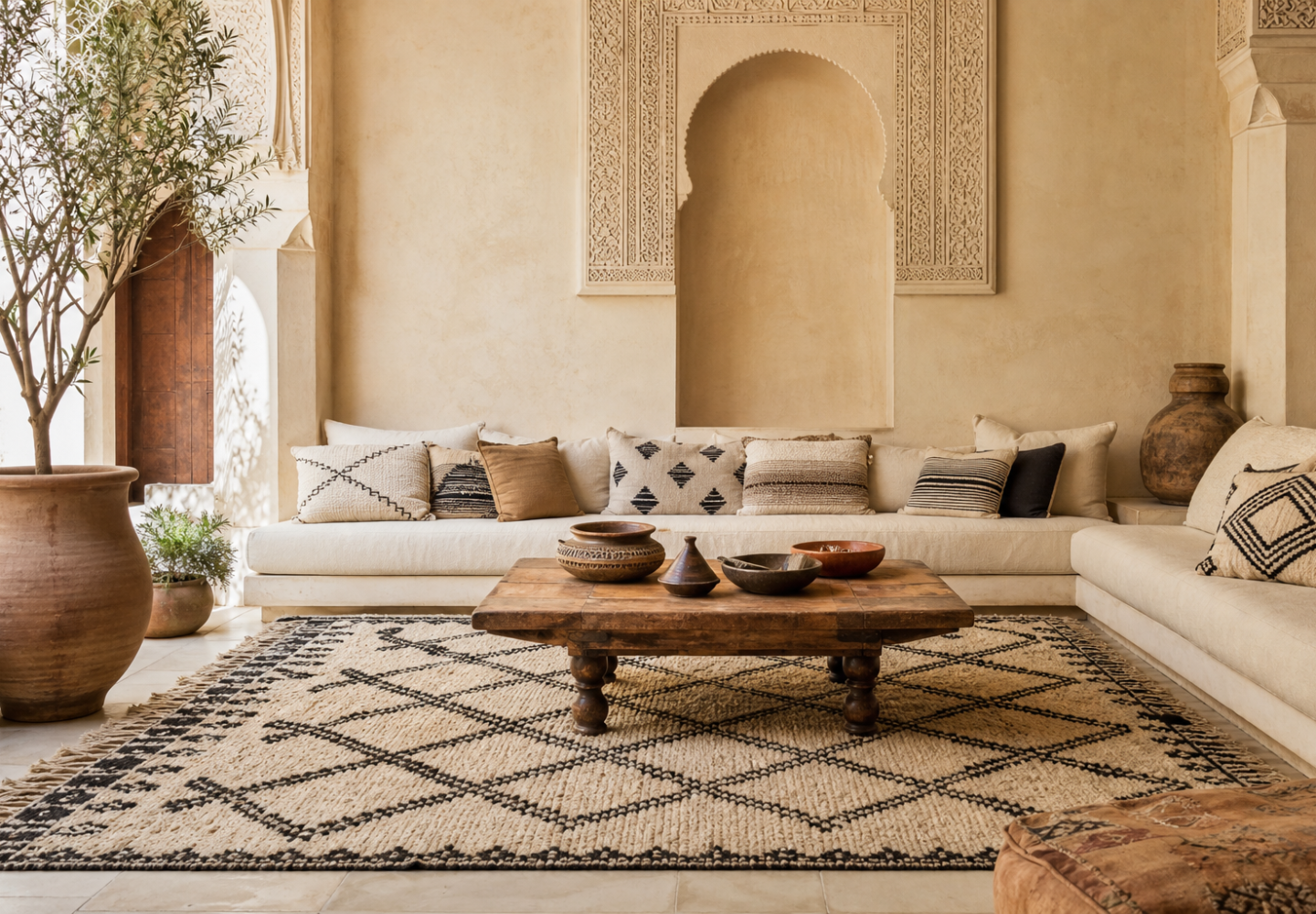 Salon élégant avec tapis berbère et décoration marocaine artisanale