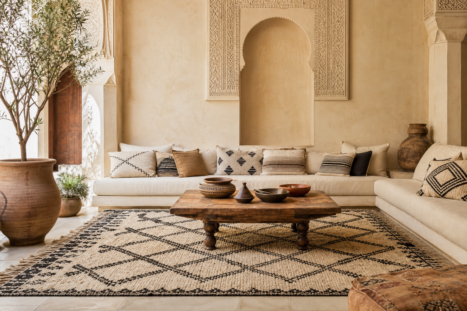 Salon élégant avec tapis berbère et décoration marocaine artisanale