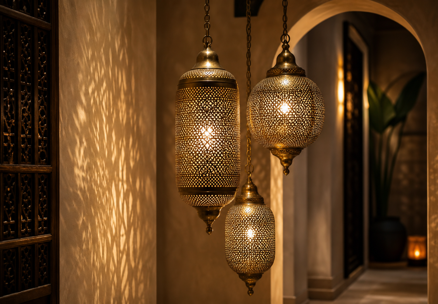 Luminaires marocains en laiton ajouré diffusant une lumière chaude
