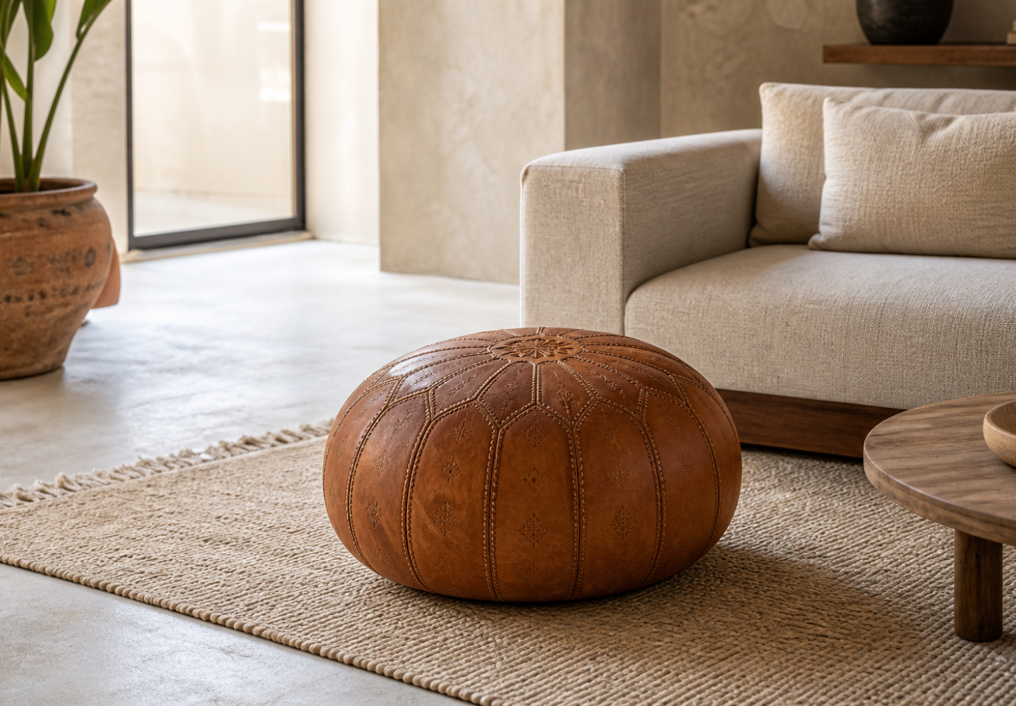 Pouf marocain rond en cuir cognac dans un salon contemporain